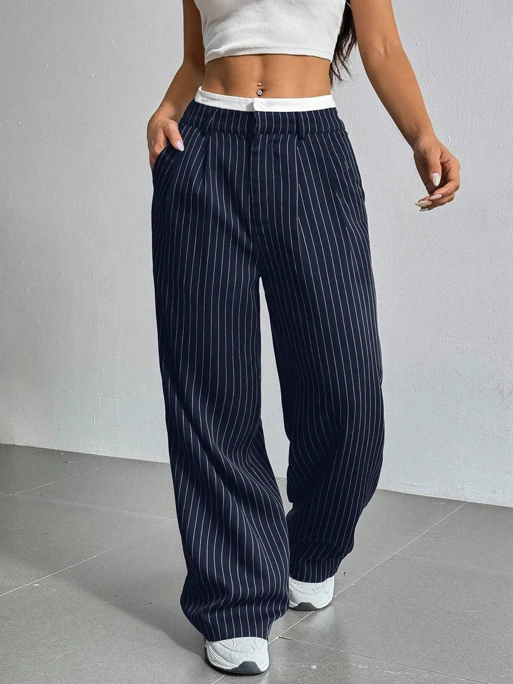 2025 Spring and Summer New Cross-border Design Sense Pants Casual High Waist Stitching Pants Simple Dosing Sense Loose Straight Leg Pants - HONORABLE VETERANS SOLUTIONS
