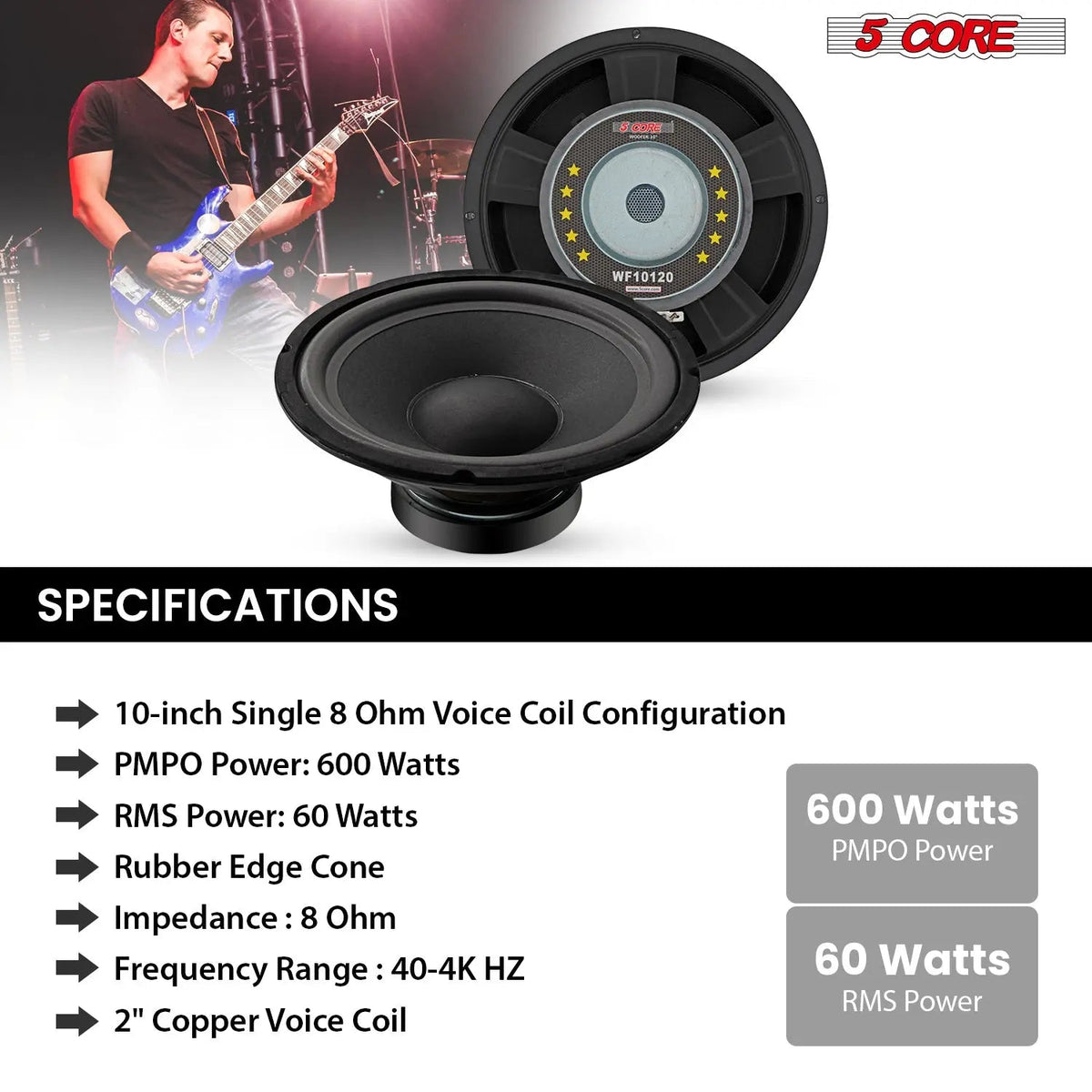 5 Core 10 Inch Guitar Speaker Replacement 600W 8 Ohm Low Distortion for Electric Guitar Amp Cabinet - HONORABLE VETERANS SOLUTIONS