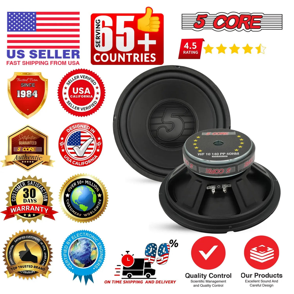 5 Core 10" Subwoofer Pair 1500W Car Woofer 4 Ohm Replacement Deep Bass Sub Loud Speaker for Vehicle - HONORABLE VETERANS SOLUTIONS