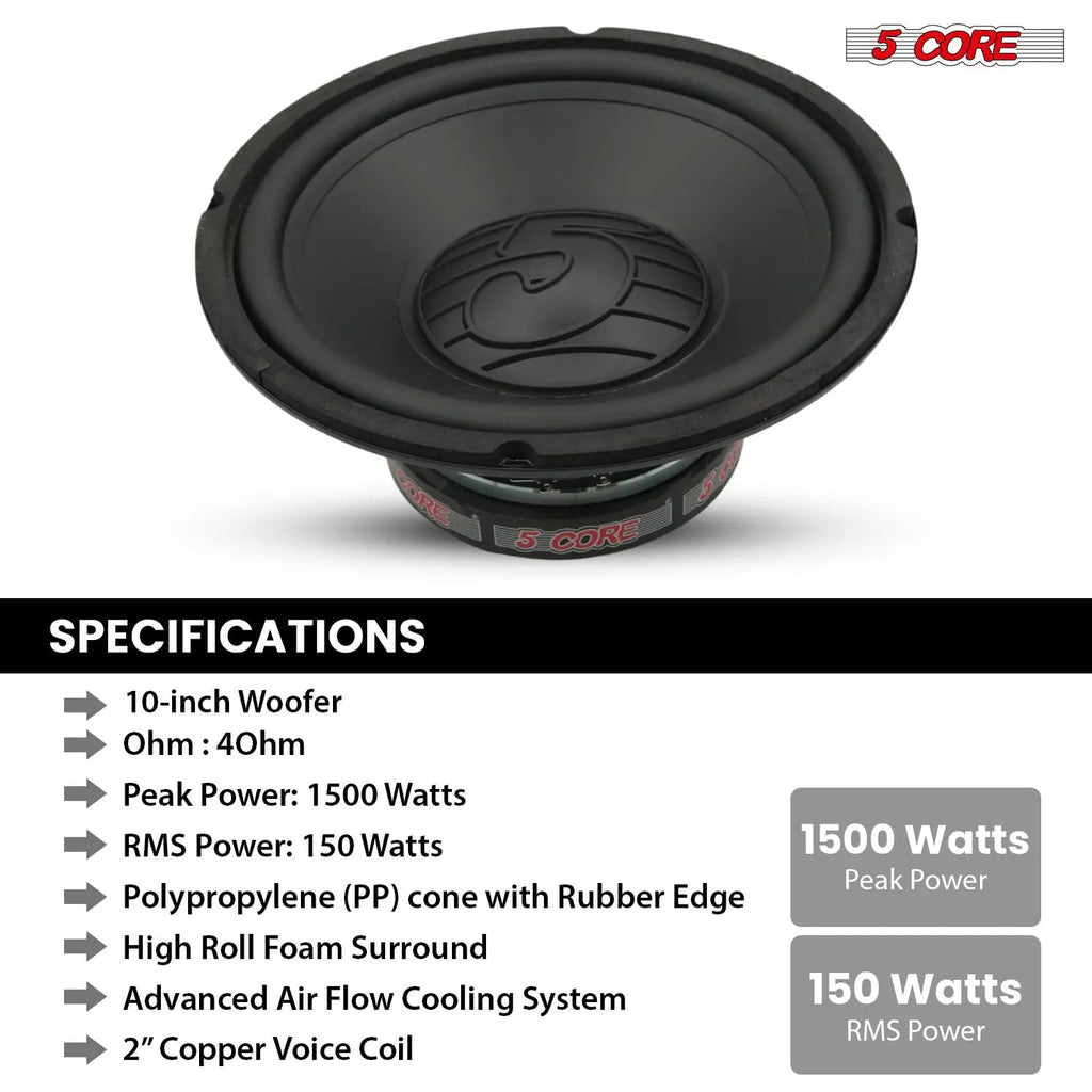 5 Core 10" Subwoofer Pair 1500W Car Woofer 4 Ohm Replacement Deep Bass Sub Loud Speaker for Vehicle - HONORABLE VETERANS SOLUTIONS