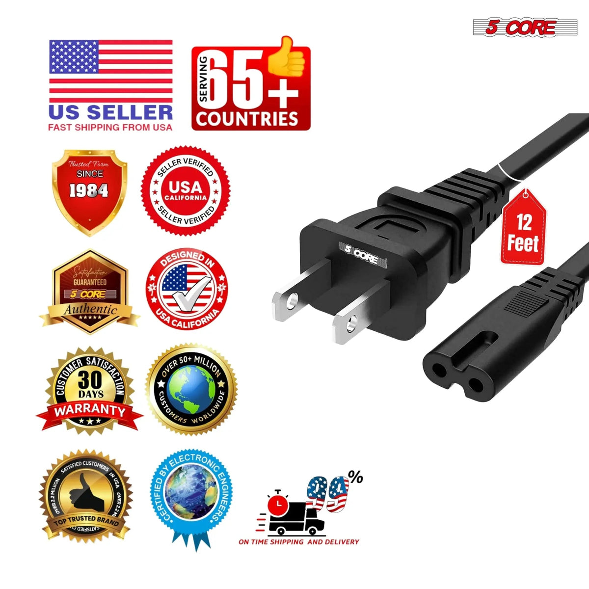 5 Core 2 Prong AC Power Cord 12Ft Replacement TV PlayStation PS4 PS5 Cable Speaker Monitor Xbox - HONORABLE VETERANS SOLUTIONS