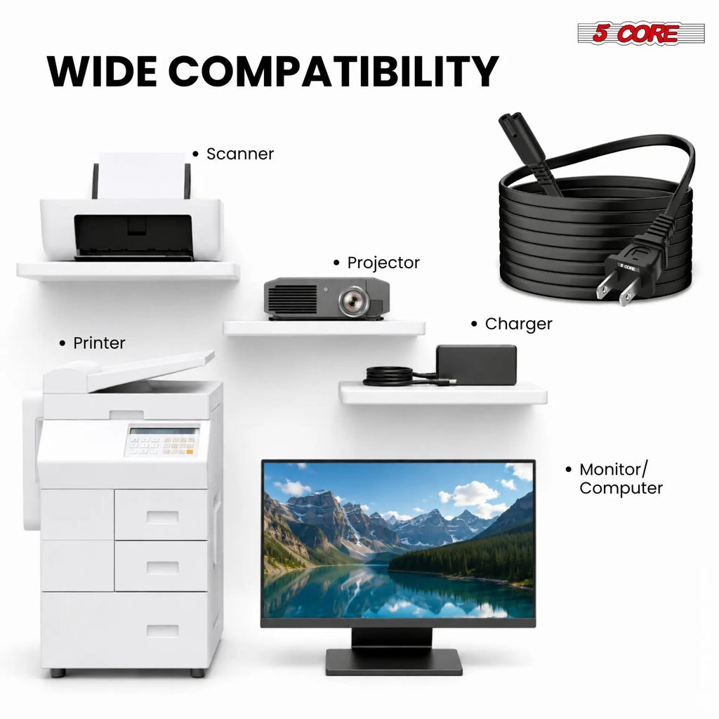 5 Core 2 Prong AC Power Cord 12Ft Replacement TV PlayStation PS4 PS5 Cable Speaker Monitor Xbox - HONORABLE VETERANS SOLUTIONS