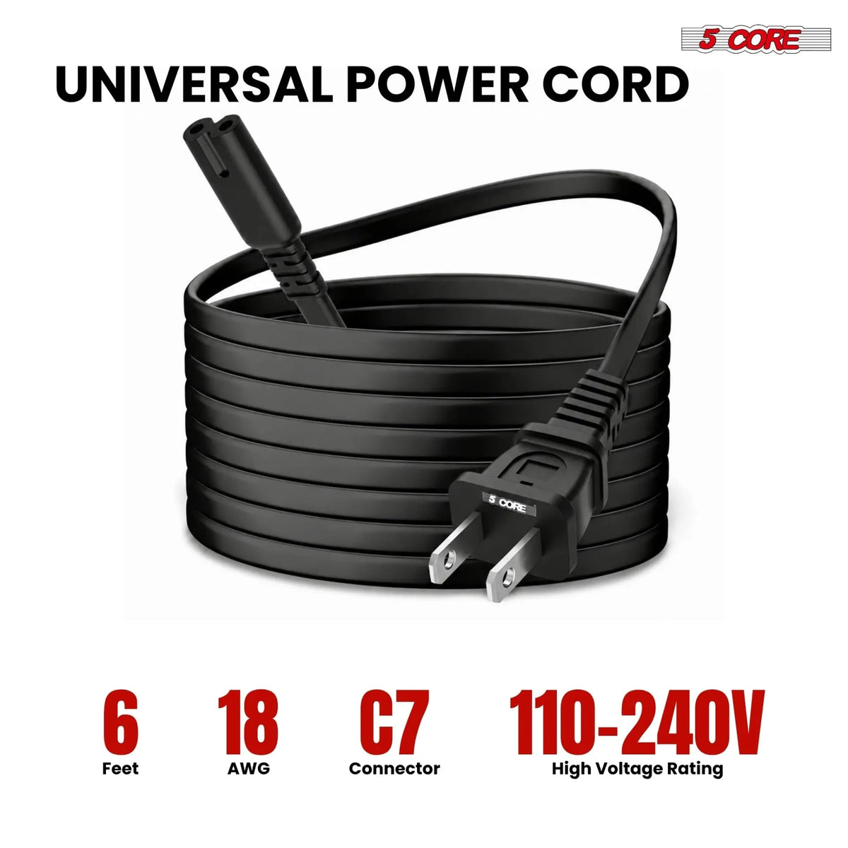 5 Core 2 Prong AC Power Cord 6Ft Replacement TV PlayStation PS4 PS5 Cable for Speaker Monitor Xbox - HONORABLE VETERANS SOLUTIONS