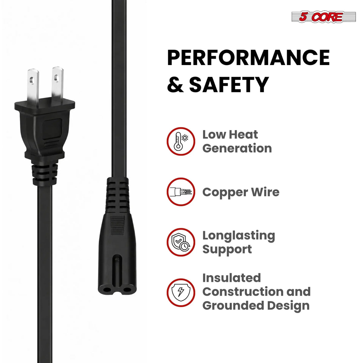5 Core 2 Prong AC Power Cord 6Ft Replacement TV PlayStation PS4 PS5 Cable for Speaker Monitor Xbox - HONORABLE VETERANS SOLUTIONS