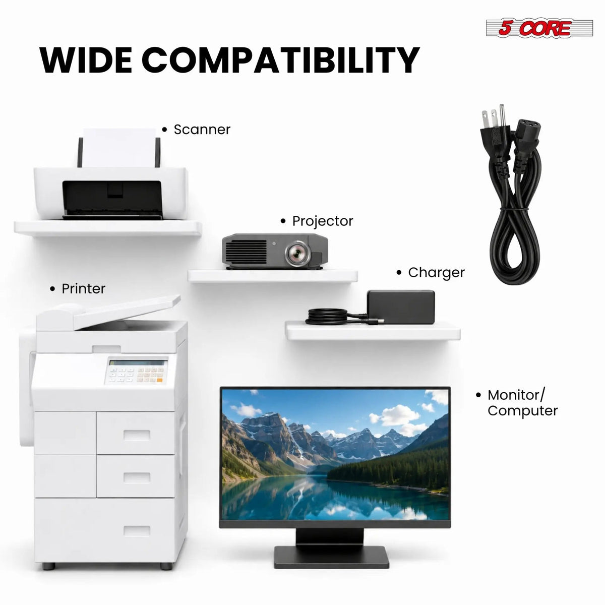 5 Core 3 Prong AC Laptop Notebook Power Cord 10Ft Universal Replacement Computer Cable - HONORABLE VETERANS SOLUTIONS