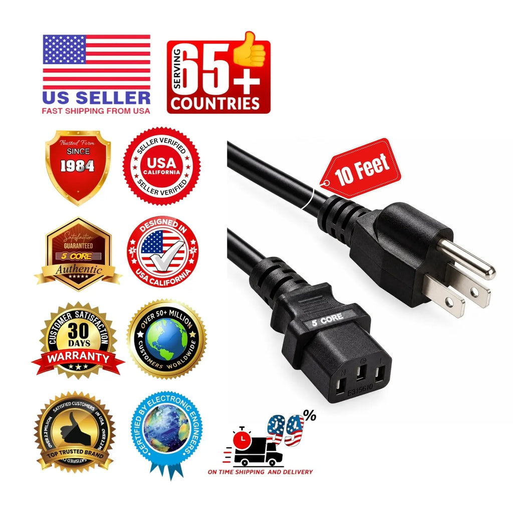 5 Core 3 Prong AC Laptop Notebook Power Cord 10Ft Universal Replacement Computer Cable - HONORABLE VETERANS SOLUTIONS