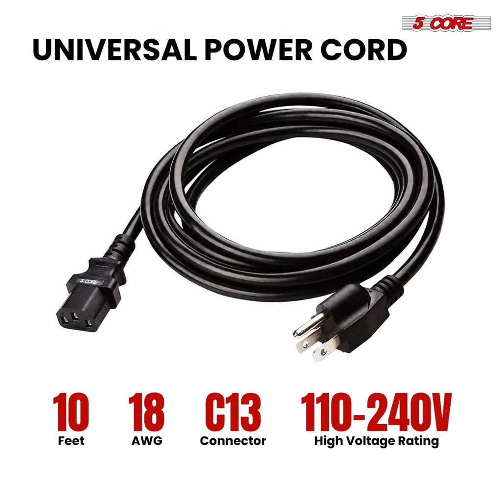 5 Core 3 Prong AC Laptop Notebook Power Cord 10Ft Universal Replacement Computer Cable - HONORABLE VETERANS SOLUTIONS