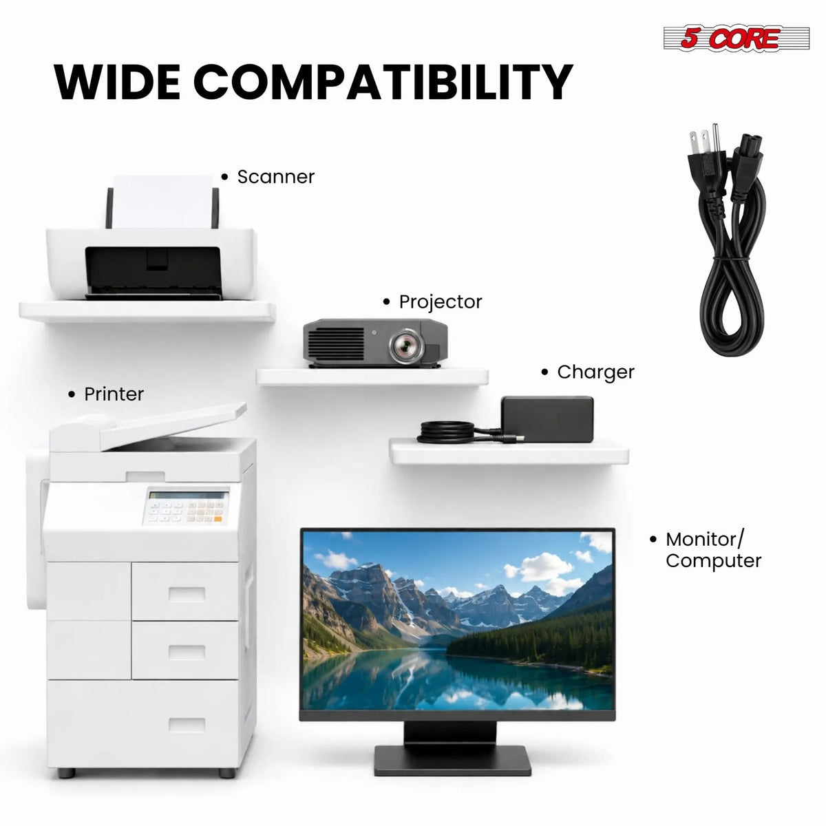5 Core 3 Prong AC Laptop Notebook Power Cord 6Ft Universal Replacement Computer Cable - HONORABLE VETERANS SOLUTIONS