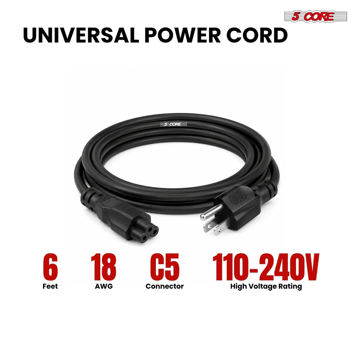 5 Core 3 Prong AC Laptop Notebook Power Cord 6Ft Universal Replacement Computer Cable - HONORABLE VETERANS SOLUTIONS
