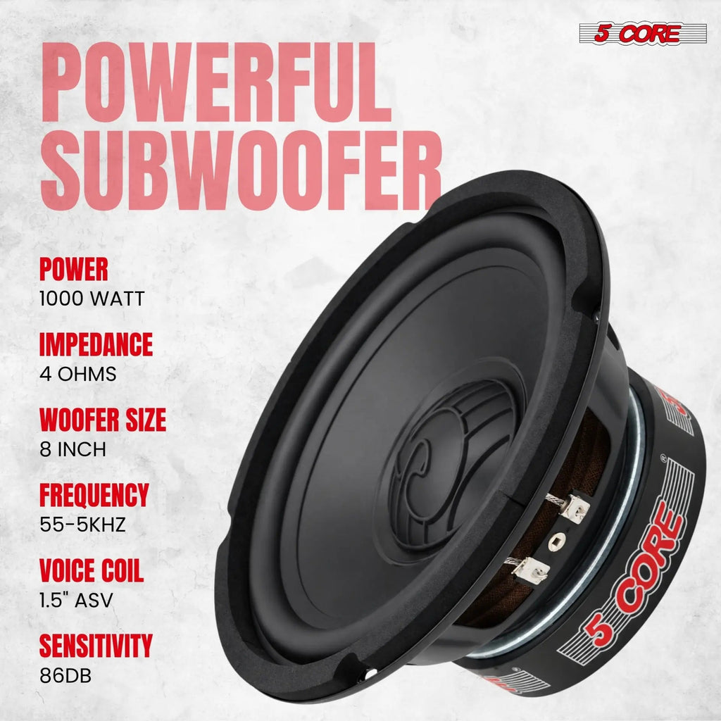 5 Core 8 Inch Car Audio Subwoofer 1000W 4Ohm Shallow Mount Replacement Deep Bass Woofer Speaker - HONORABLE VETERANS SOLUTIONS