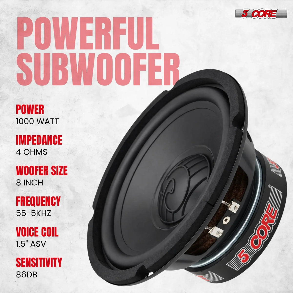 5 Core 8 Inch Car Audio Subwoofer 1000W 4Ohm Shallow Mount Replacement Deep Bass Woofer Speaker - HONORABLE VETERANS SOLUTIONS