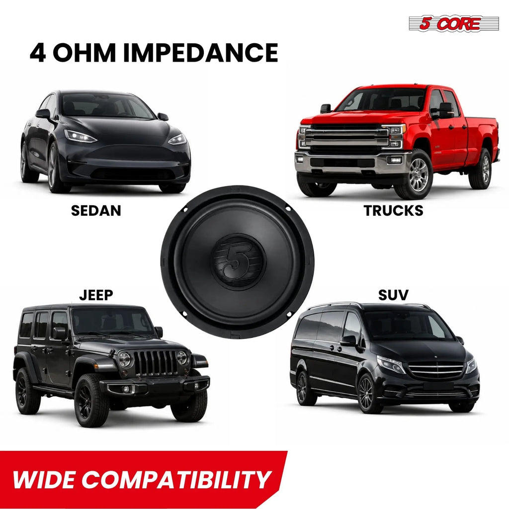 5 Core 8 Inch Car Audio Subwoofer 1000W 4Ohm Shallow Mount Replacement Deep Bass Woofer Speaker - HONORABLE VETERANS SOLUTIONS