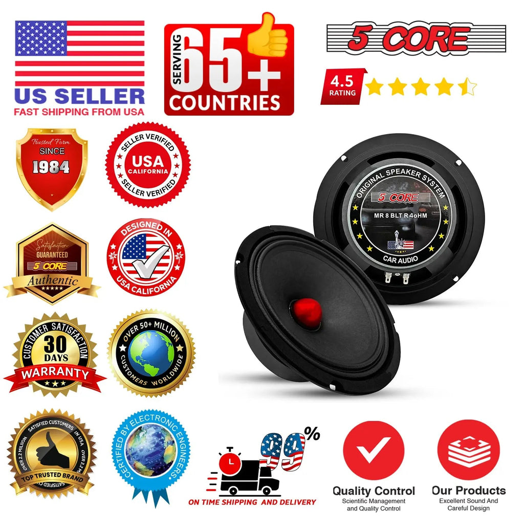 5 Core 8" Subwoofer Speaker Pair 500W Mid Range Car Audio Sub Woofer 4Ohm Bass Replacement Driver - HONORABLE VETERANS SOLUTIONS