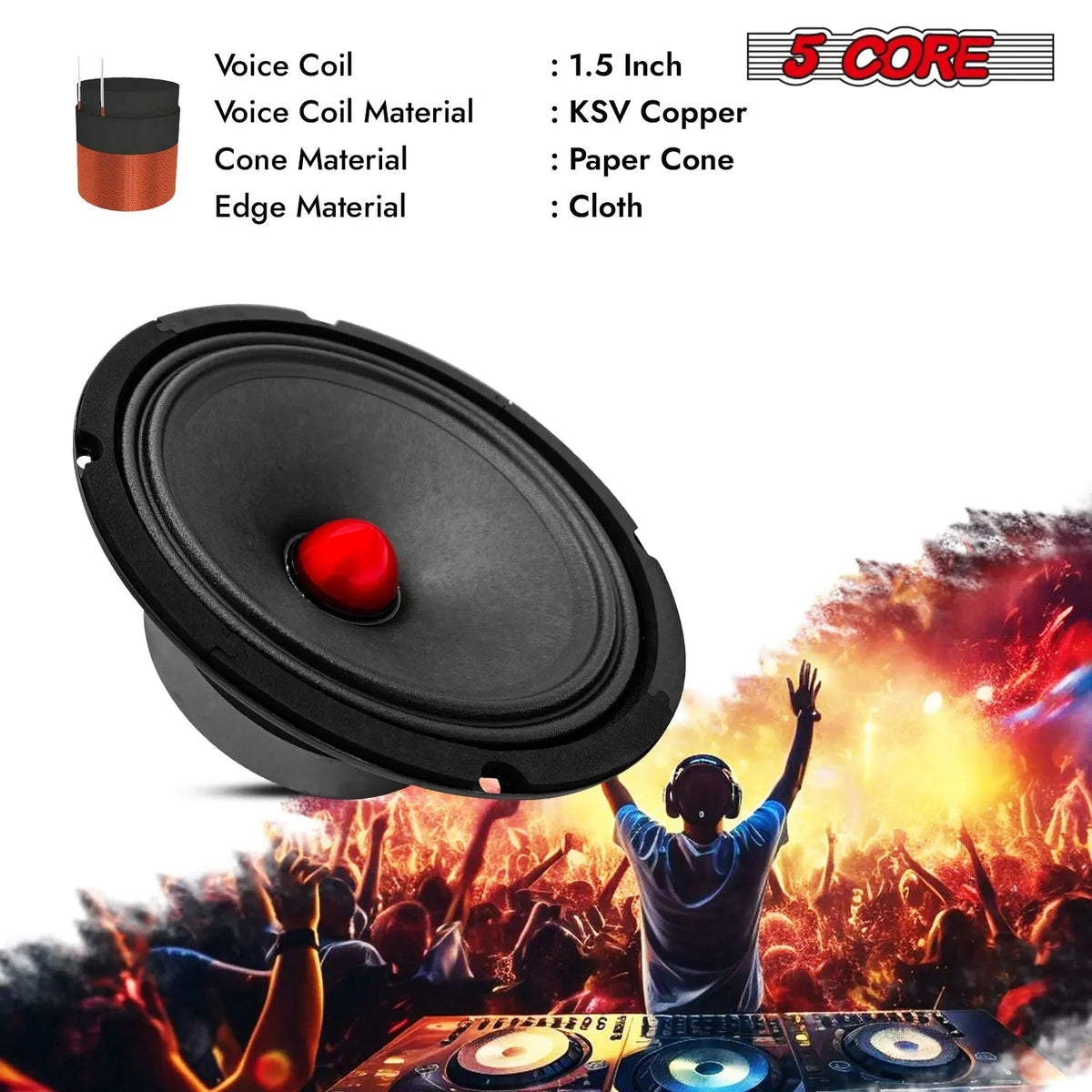 5 Core 8" Subwoofer Speaker Pair 500W Mid Range PA DJ Audio Sub Woofer 8Ohm Bass Replacement Driver - HONORABLE VETERANS SOLUTIONS