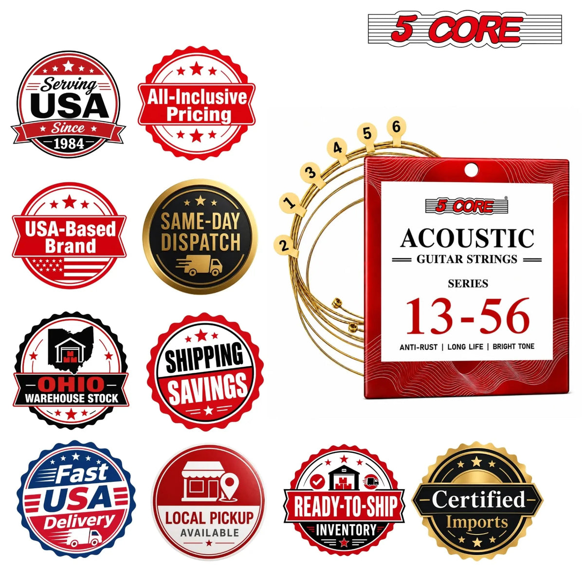 5 Core Acoustic Guitar 6 String Set Medium Gauge Steel Carbon Core Bright Powerful Tone Heavy Duty - HONORABLE VETERANS SOLUTIONS