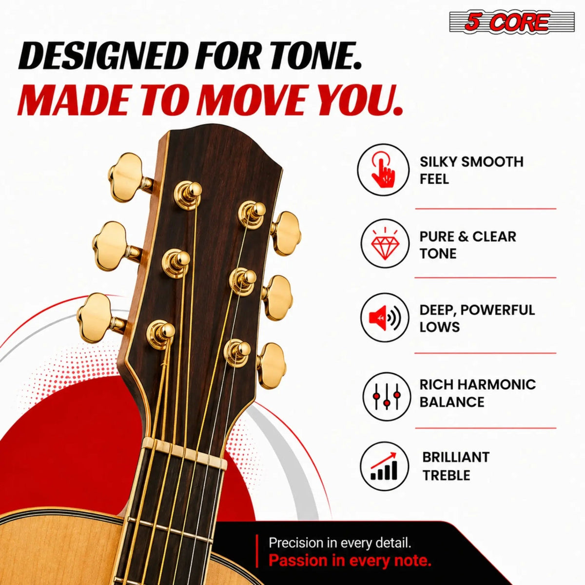 5 Core Acoustic Guitar 6 String Set Medium Gauge Steel Carbon Core Bright Powerful Tone Heavy Duty - HONORABLE VETERANS SOLUTIONS