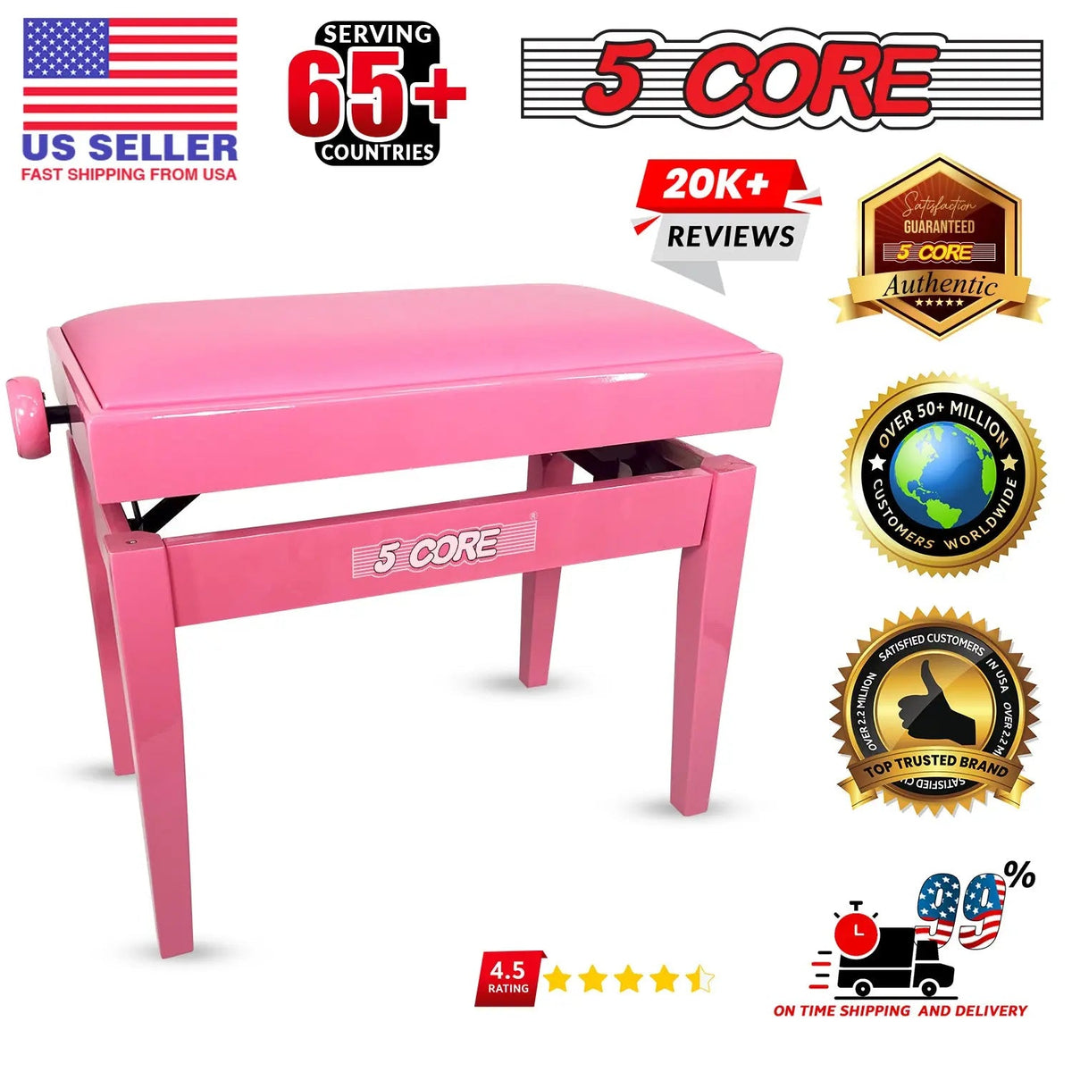 5 Core Adjustable Piano Bench Thick 3.25" Solid Wood Keyboard Stool Heavy Duty Musician Chair - HONORABLE VETERANS SOLUTIONS