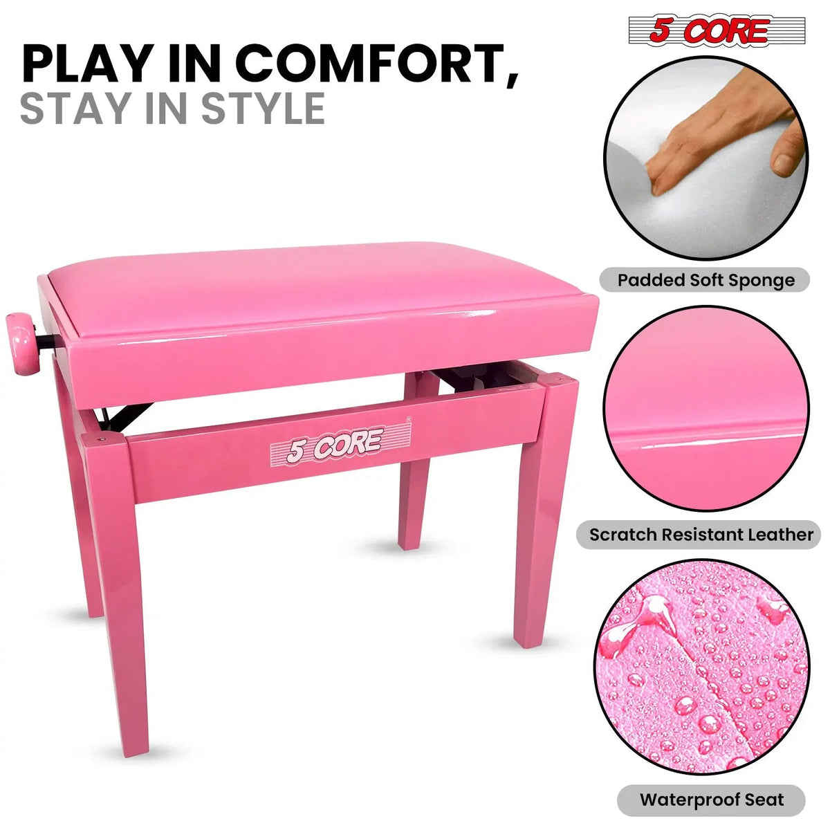 5 Core Adjustable Piano Bench Thick 3.25" Solid Wood Keyboard Stool Heavy Duty Musician Chair - HONORABLE VETERANS SOLUTIONS