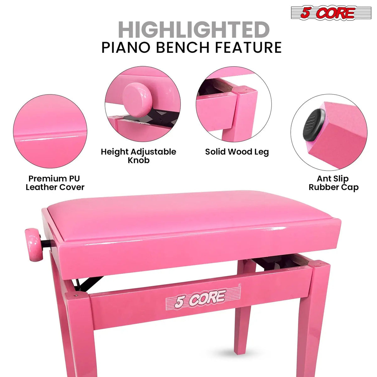5 Core Adjustable Piano Bench Thick 3.25" Solid Wood Keyboard Stool Heavy Duty Musician Chair - HONORABLE VETERANS SOLUTIONS