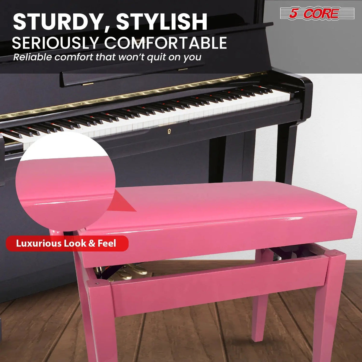5 Core Adjustable Piano Bench Thick 3.25" Solid Wood Keyboard Stool Heavy Duty Musician Chair - HONORABLE VETERANS SOLUTIONS