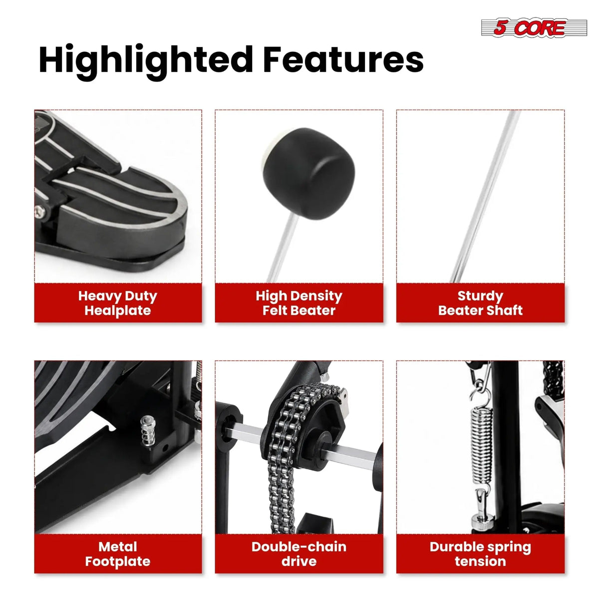 5 Core Bass Drum Pedal Mount Adjustable Felt Beater Head Single Chain Heavyduty Kick Drum Foot Pedal - HONORABLE VETERANS SOLUTIONS