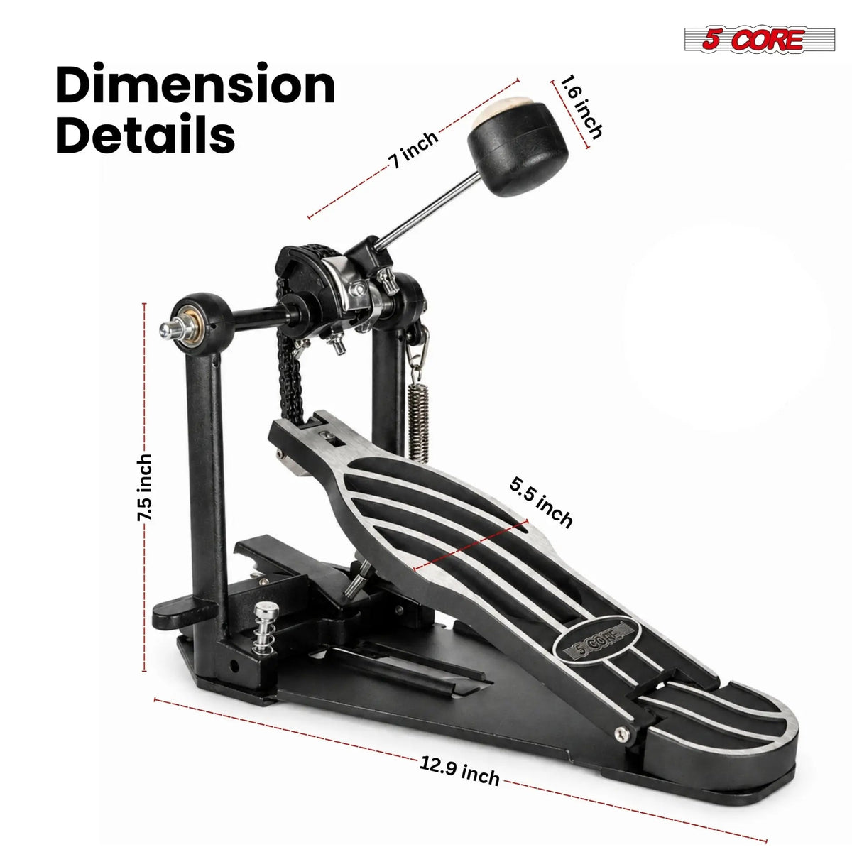 5 Core Bass Drum Pedal Mount Adjustable Felt Beater Head Single Chain Heavyduty Kick Drum Foot Pedal - HONORABLE VETERANS SOLUTIONS