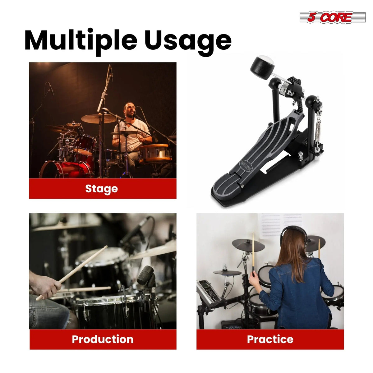 5 Core Bass Drum Pedal Mount Adjustable Felt Beater Head Single Chain Heavyduty Kick Drum Foot Pedal - HONORABLE VETERANS SOLUTIONS