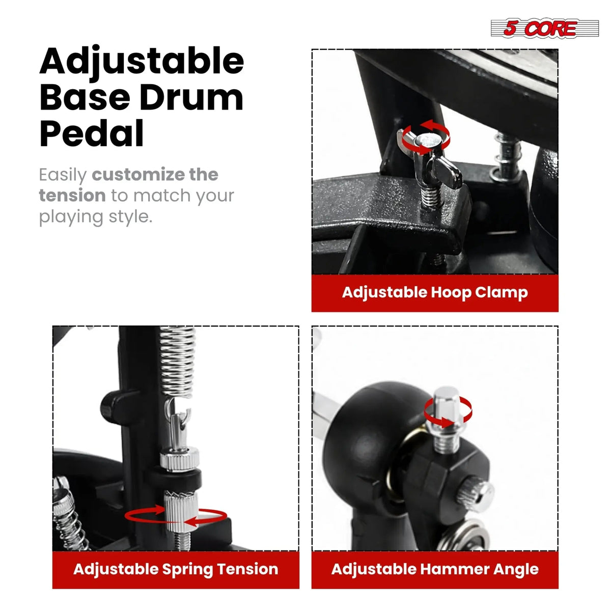 5 Core Bass Drum Pedal Mount Adjustable Felt Beater Head Single Chain Heavyduty Kick Drum Foot Pedal - HONORABLE VETERANS SOLUTIONS