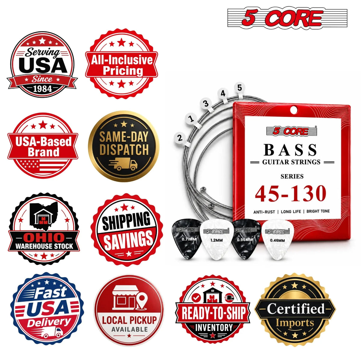 5 Core Bass Guitar Strings Brass Phosphor Bronze Light Gauge Bright Tone 5 String Set - HONORABLE VETERANS SOLUTIONS