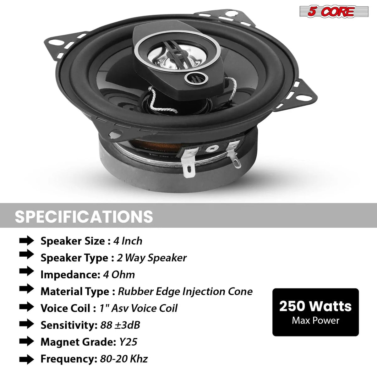 5 Core Car Audio 4 inch Coaxial Speakers 4Pcs 2 Way 250W 4Ohm Replacement Driver w Dome Tweeters - HONORABLE VETERANS SOLUTIONS