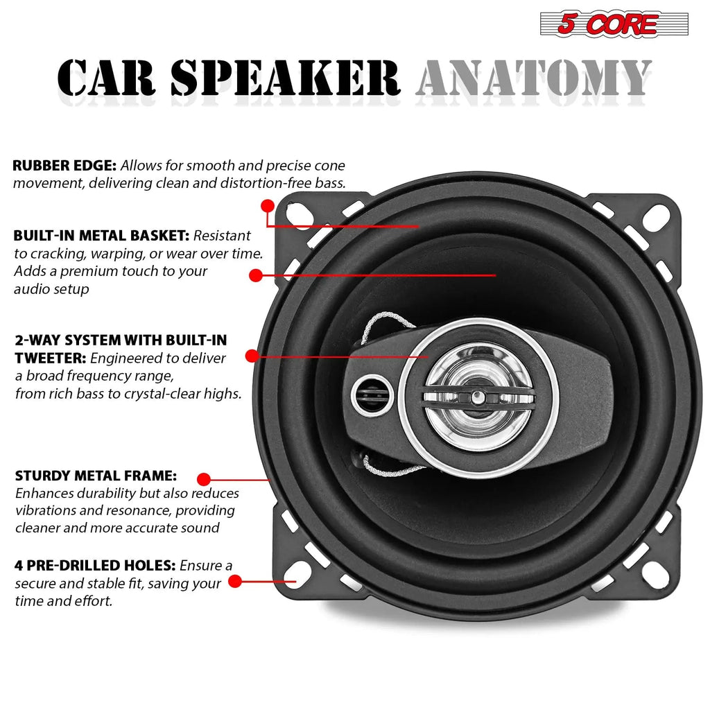 5 Core Car Audio 4 inch Coaxial Speakers 4Pcs 2 Way 250W 4Ohm Replacement Driver w Dome Tweeters - HONORABLE VETERANS SOLUTIONS