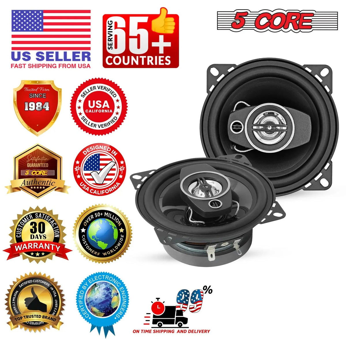 5 Core Car Audio 4 inch Coaxial Speakers 4Pcs 2 Way 250W 4Ohm Replacement Driver w Dome Tweeters - HONORABLE VETERANS SOLUTIONS
