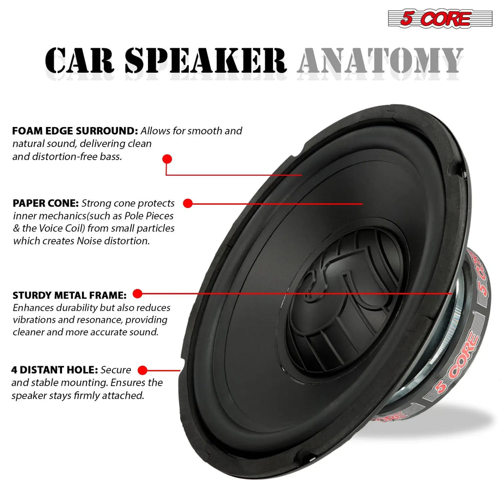 5 Core Car Subwoofer 2Pc 10" 1500W Pro Audio Deep Bass Component Sub Woofer 4Ohm Replacement Speaker - HONORABLE VETERANS SOLUTIONS