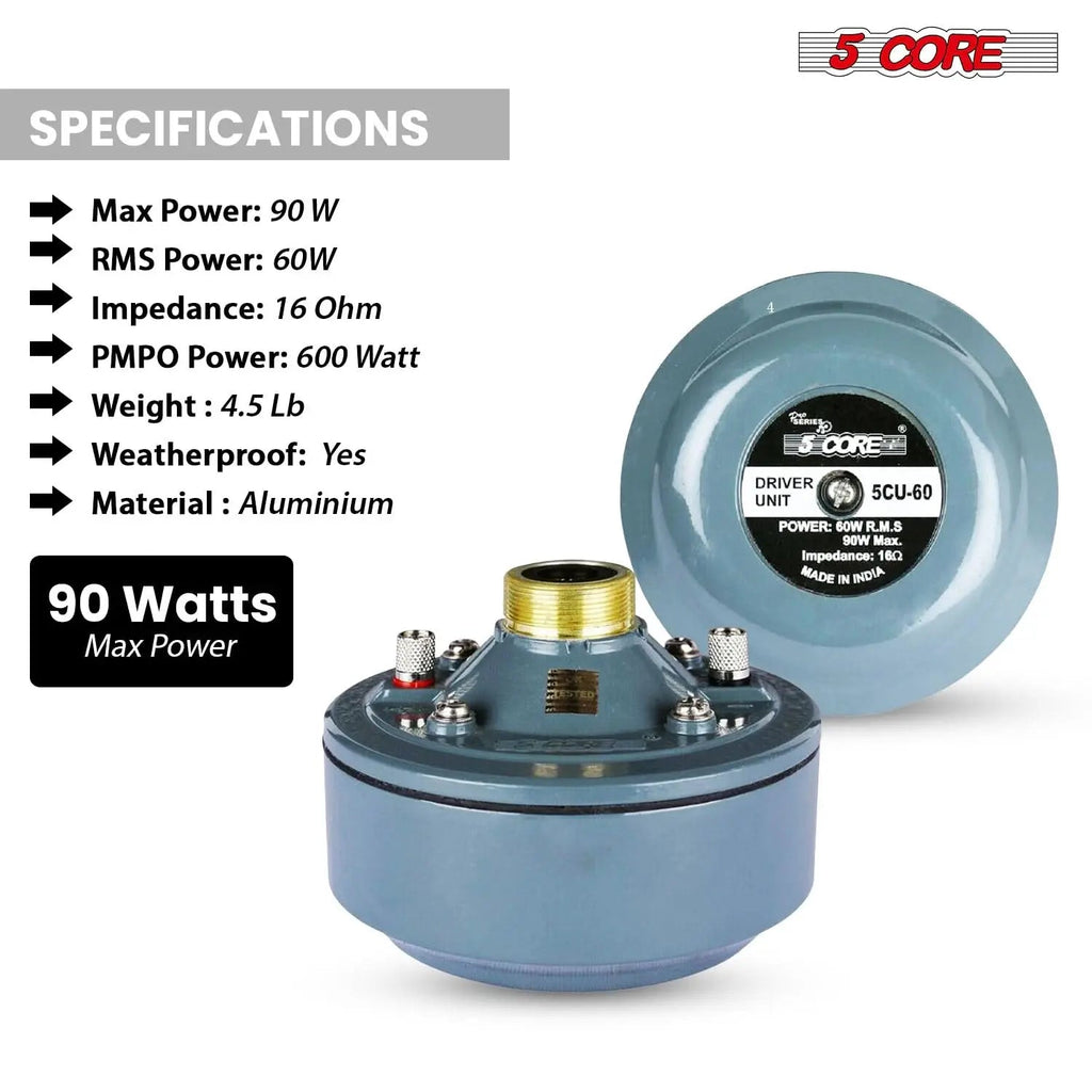 5 Core Compression Driver 2" Horn Tweeter 600W Titanium Diaphragm 16 Ohms 18 TPI All Weather Use - HONORABLE VETERANS SOLUTIONS