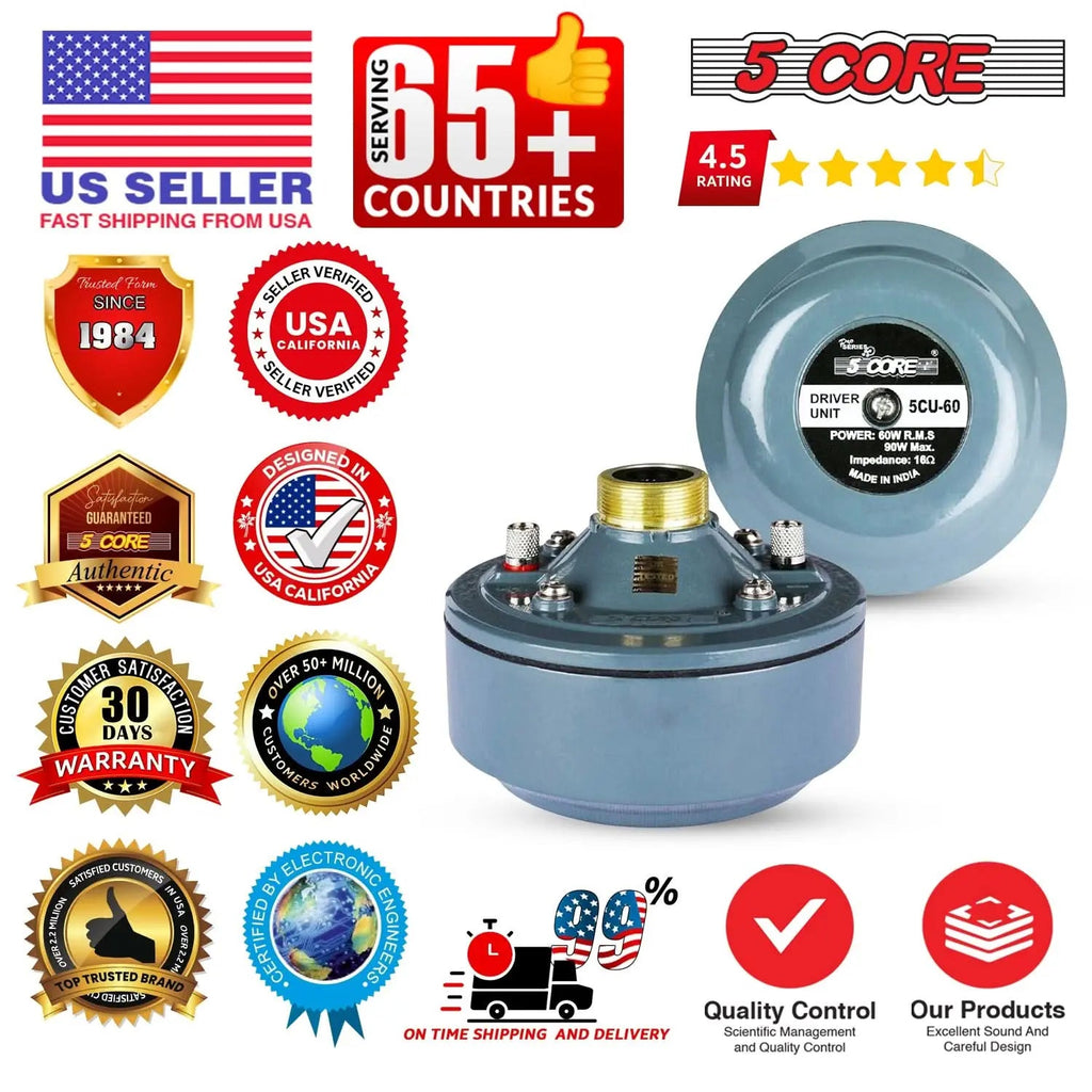 5 Core Compression Driver 2" Horn Tweeter 600W Titanium Diaphragm 16 Ohms 18 TPI All Weather Use - HONORABLE VETERANS SOLUTIONS