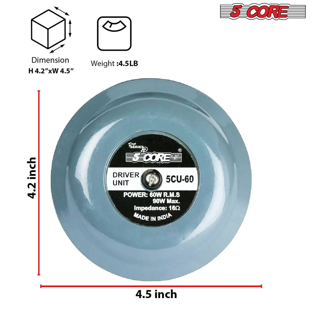 5 Core Compression Driver 2" Horn Tweeter 600W Titanium Diaphragm 16 Ohms 18 TPI All Weather Use - HONORABLE VETERANS SOLUTIONS
