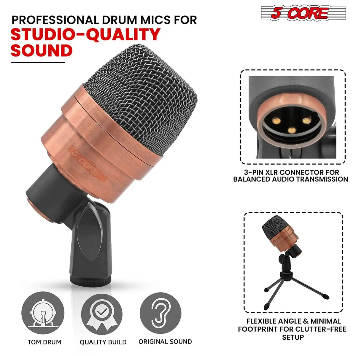5 Core Conga Mic Snare Tom Microphone Drum Kit Condenser XLR Instrument Mics - HONORABLE VETERANS SOLUTIONS