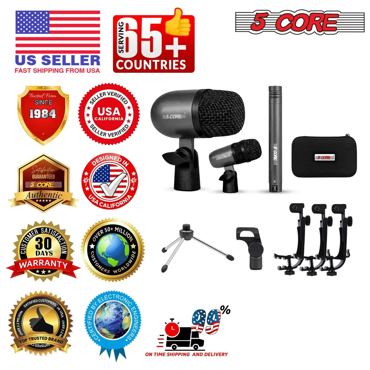 5 Core Conga Mic Snare Tom Microphone Drum Kit Condenser XLR Instrument Mics - HONORABLE VETERANS SOLUTIONS