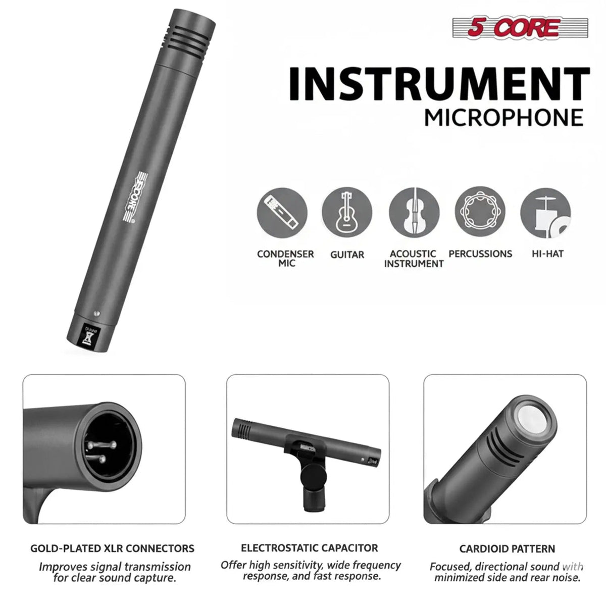 5 Core Conga Mic Snare Tom Microphone Drum Kit Condenser XLR Instrument Mics - HONORABLE VETERANS SOLUTIONS