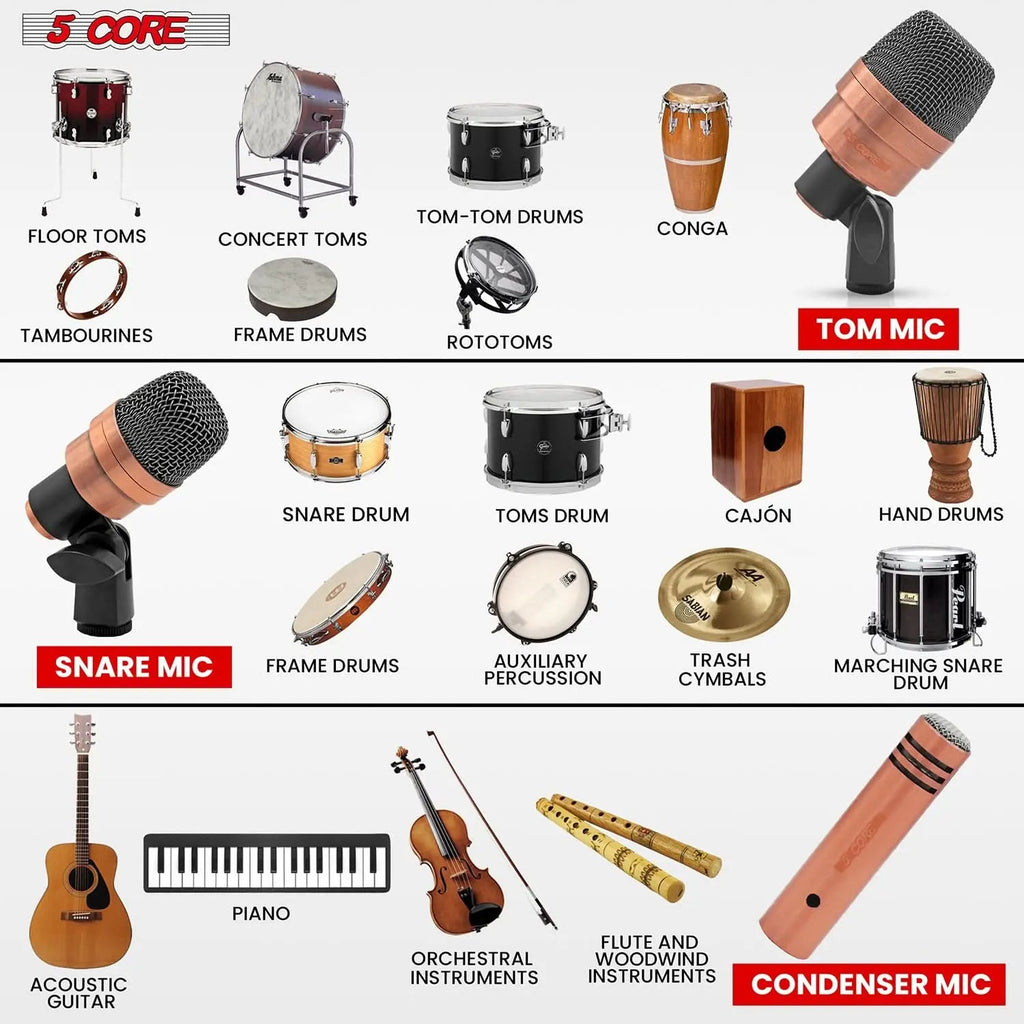 5 Core Conga Mic Snare Tom Microphone Drum Kit Condenser XLR Instrument Mics - HONORABLE VETERANS SOLUTIONS