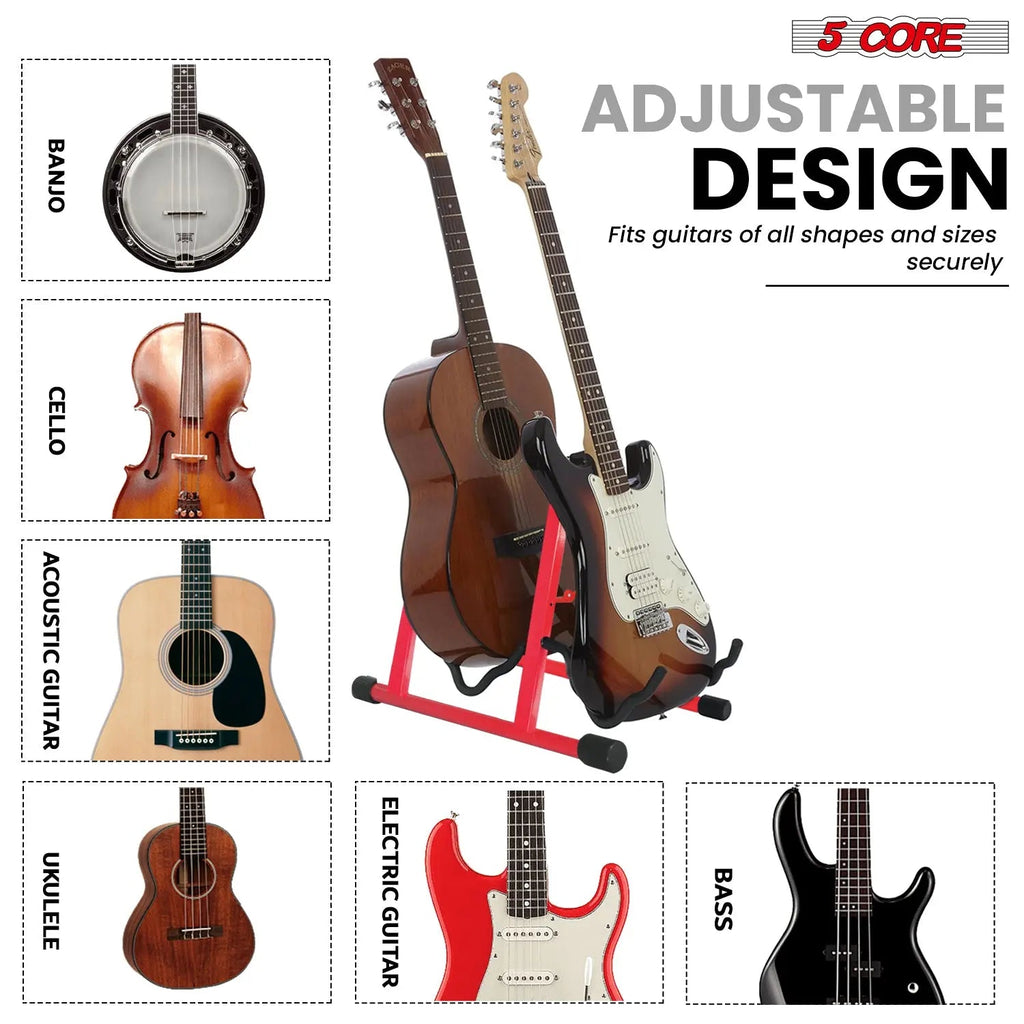 5 Core Double Guitar Stand A Frame Shape w Foam Arms Supports Acoustic Electric Bass Ukulele Banjo - HONORABLE VETERANS SOLUTIONS