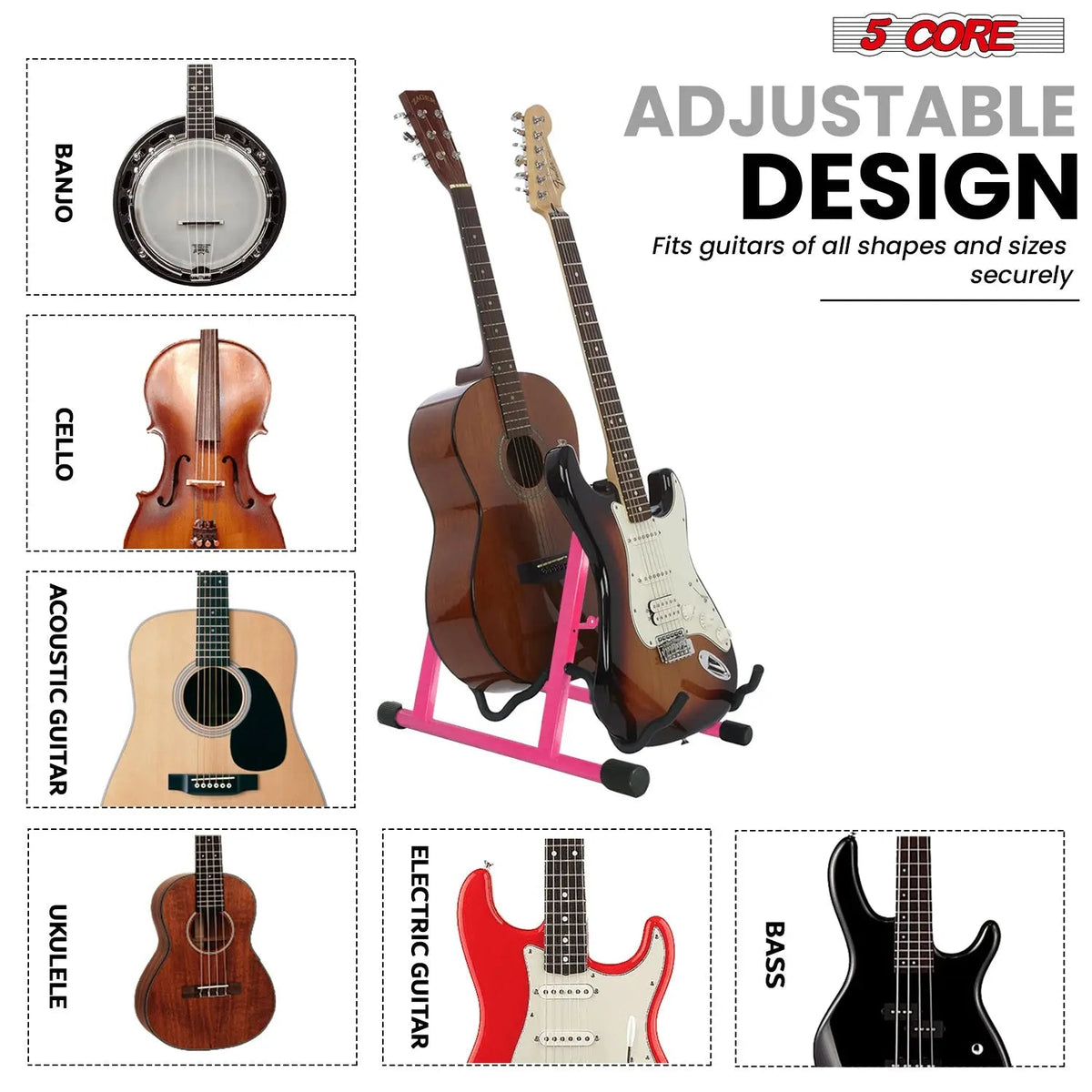 5 Core Double Guitar Stand A Frame Shape w Foam Arms Supports Acoustic Electric Bass Ukulele Banjo - HONORABLE VETERANS SOLUTIONS