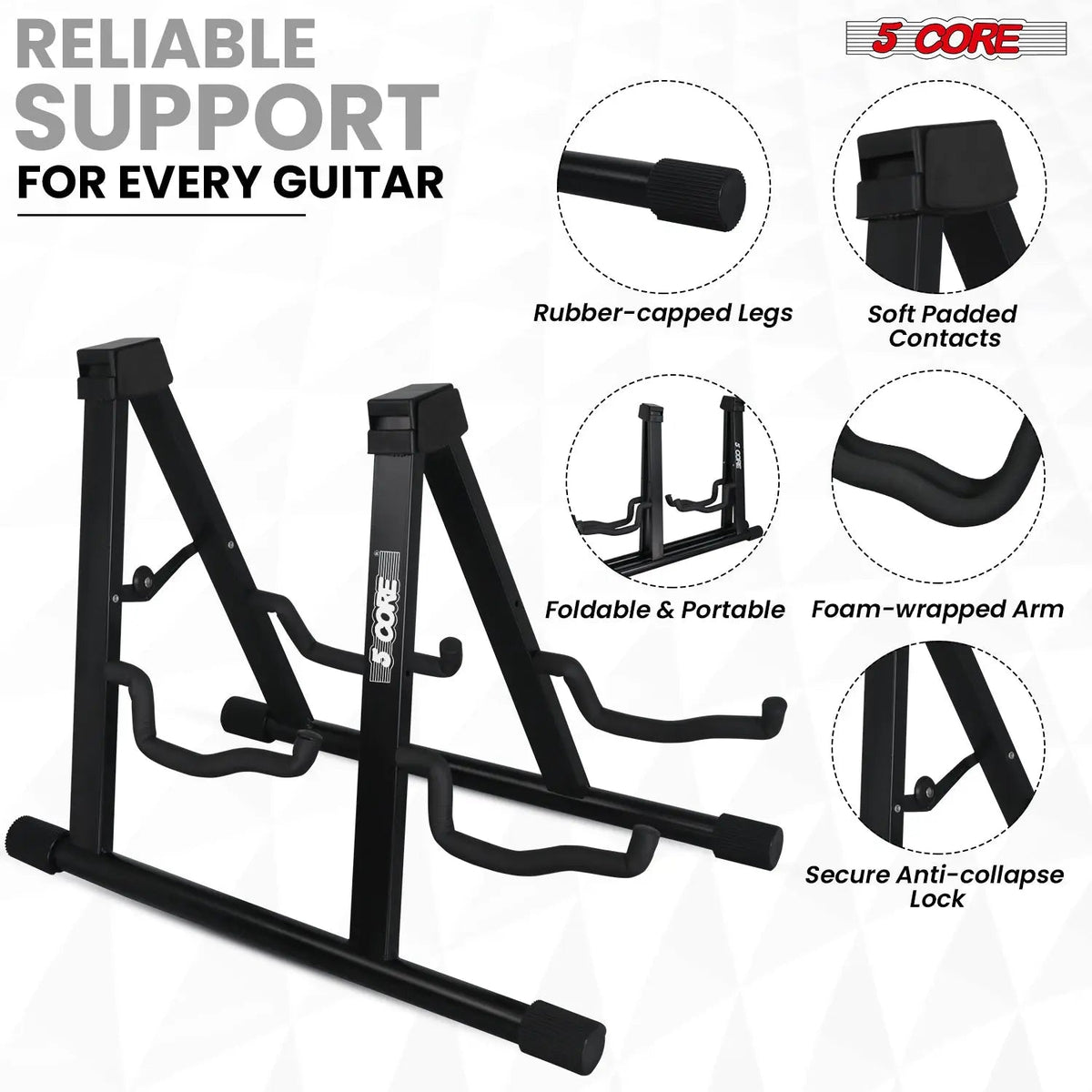 5 Core Double Guitar Stand A Frame Shape w Foam Arms Supports Acoustic Electric Bass Ukulele Banjo - HONORABLE VETERANS SOLUTIONS