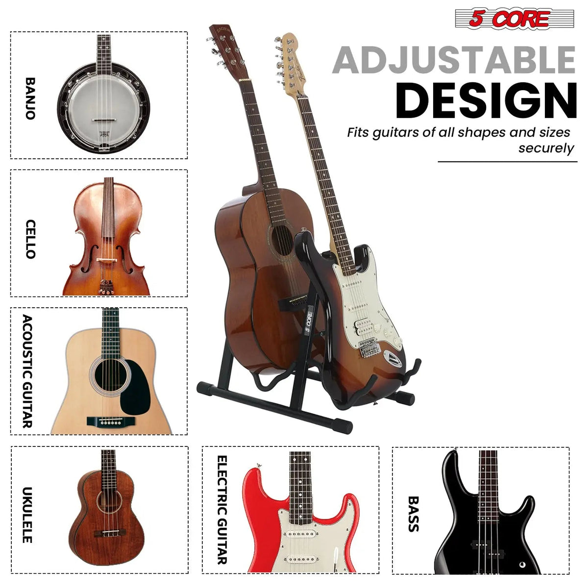 5 Core Double Guitar Stand A Frame Shape w Foam Arms Supports Acoustic Electric Bass Ukulele Banjo - HONORABLE VETERANS SOLUTIONS
