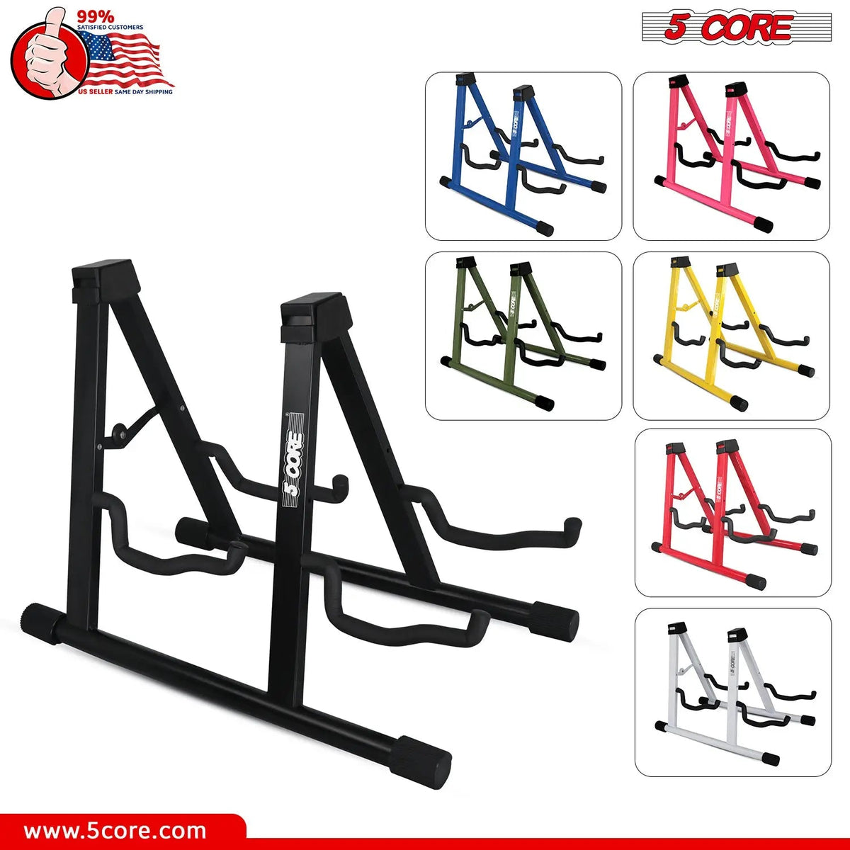 5 Core Double Guitar Stand A Frame Shape w Foam Arms Supports Acoustic Electric Bass Ukulele Banjo - HONORABLE VETERANS SOLUTIONS