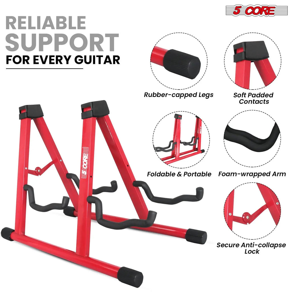 5 Core Double Guitar Stand A Frame Shape w Foam Arms Supports Acoustic Electric Bass Ukulele Banjo - HONORABLE VETERANS SOLUTIONS