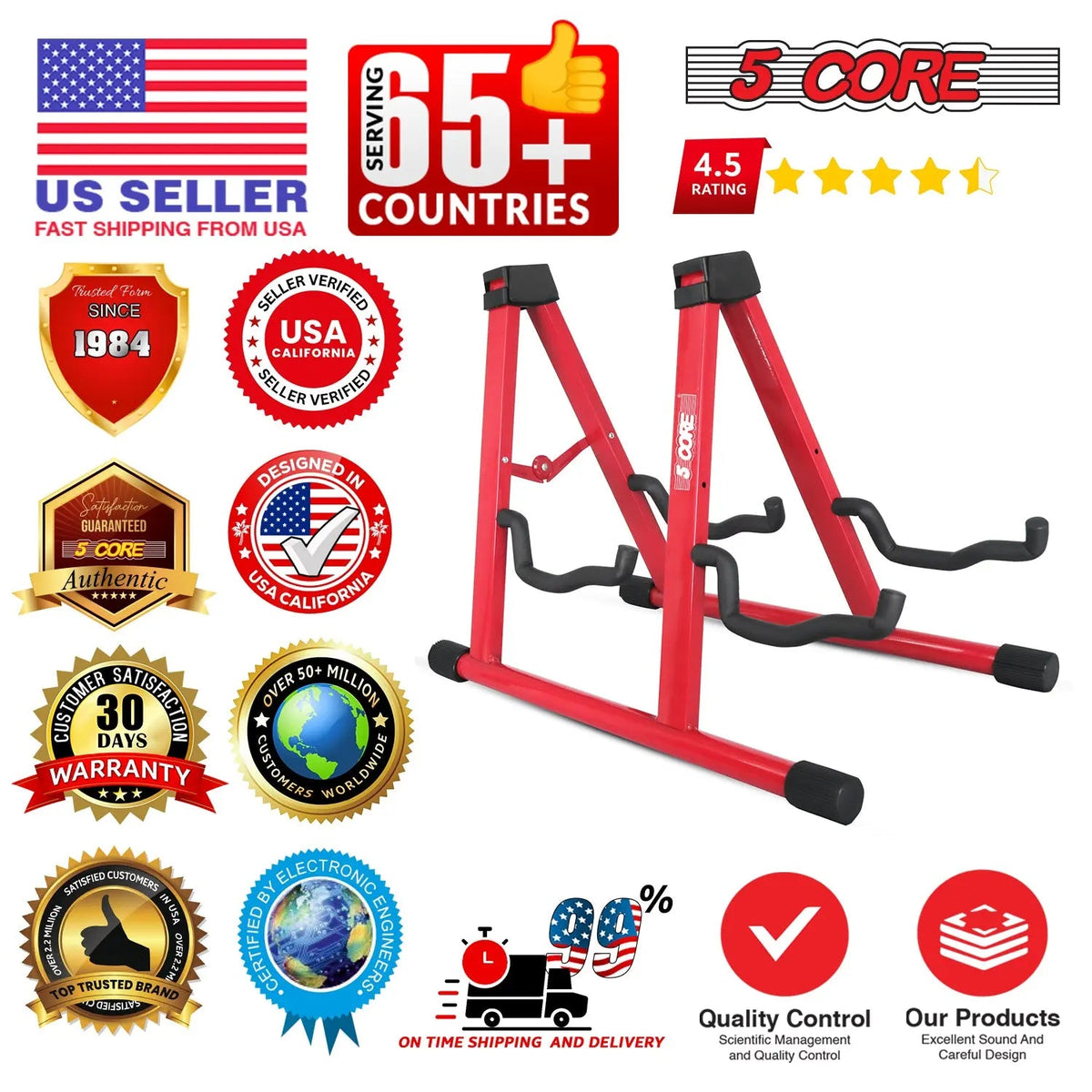 5 Core Double Guitar Stand A Frame Shape w Foam Arms Supports Acoustic Electric Bass Ukulele Banjo - HONORABLE VETERANS SOLUTIONS