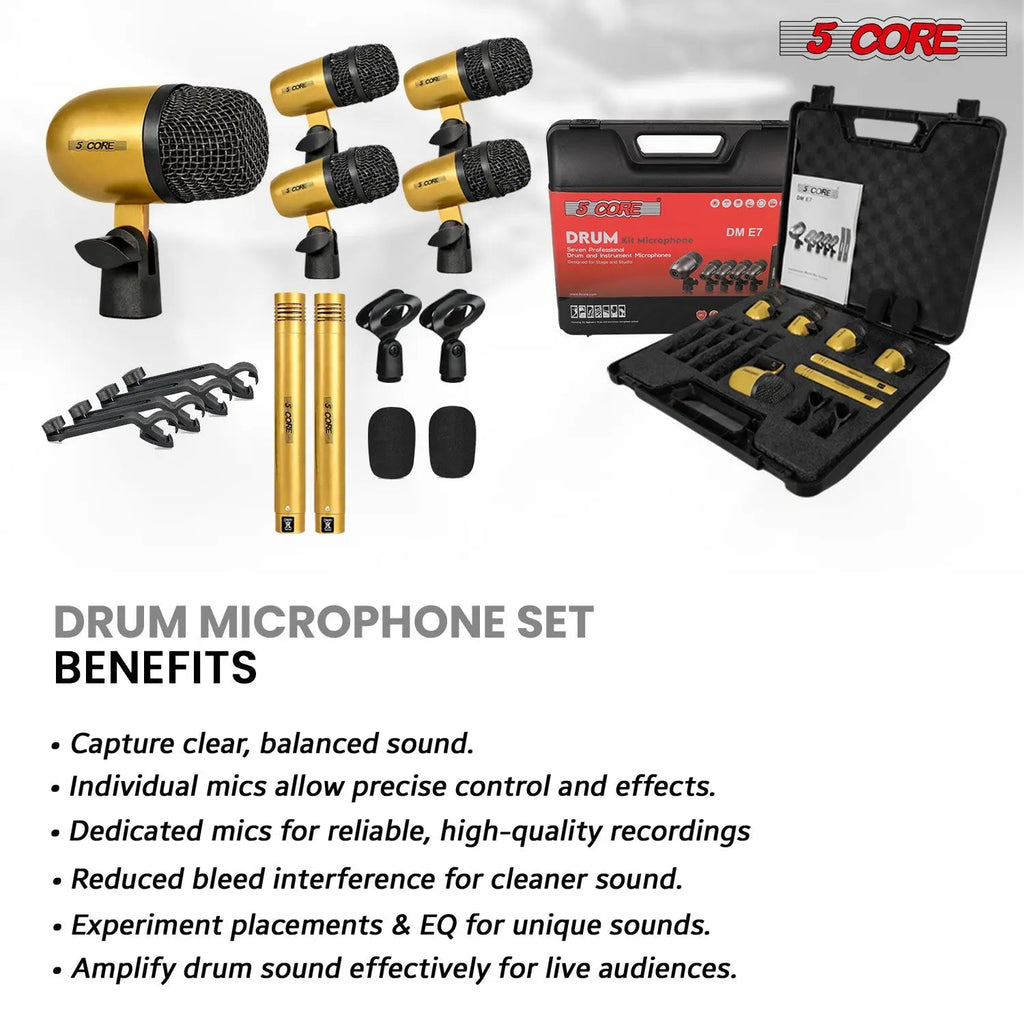 5 Core Drum Microphone Kit 7 Piece All Metal Drummer Instrument Mics Tom/Snare & Cymbals Set - HONORABLE VETERANS SOLUTIONS