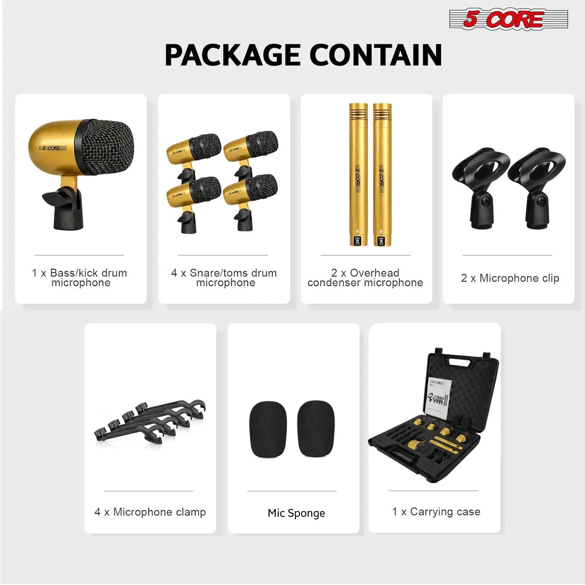 5 Core Drum Microphone Kit 7 Piece All Metal Drummer Instrument Mics Tom/Snare & Cymbals Set - HONORABLE VETERANS SOLUTIONS