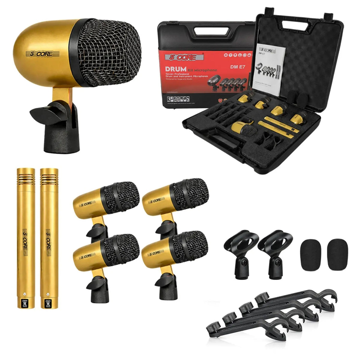 5 Core Drum Microphone Kit 7 Piece All Metal Drummer Instrument Mics Tom/Snare & Cymbals Set - HONORABLE VETERANS SOLUTIONS